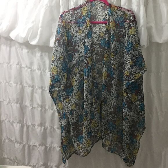 NWT L floral multicolor metallic Gold open kimono chiffon - Picture 4 of 8